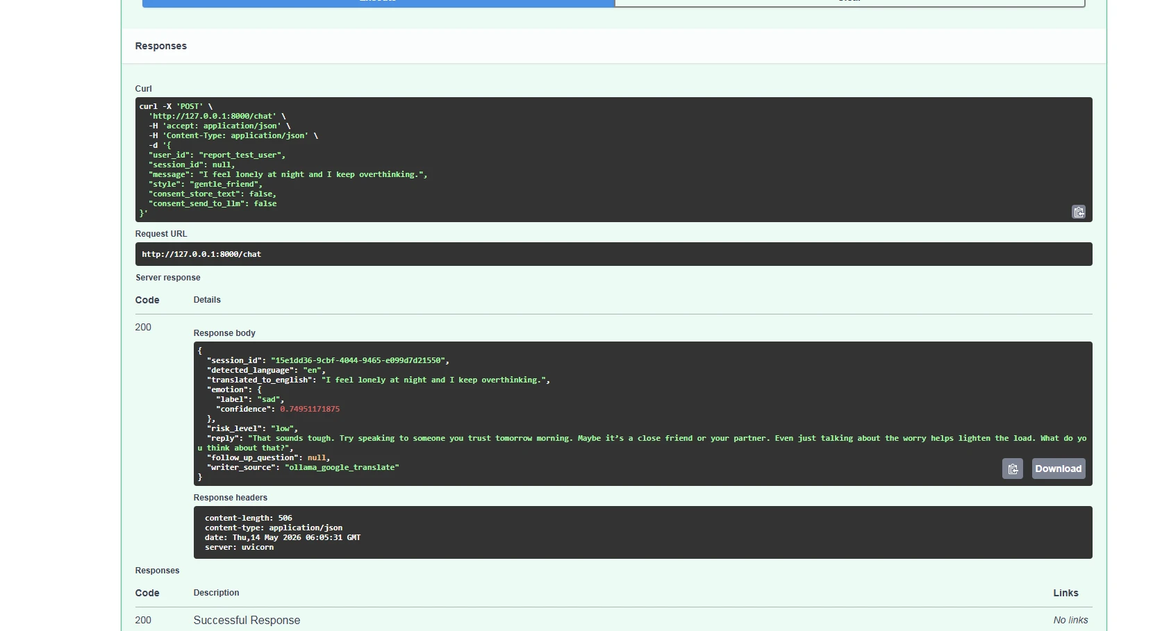 The FastAPI response for the chat endpoint, showing detected language en, emotion sad with confidence 0.7495, risk level low, and the model's reply.