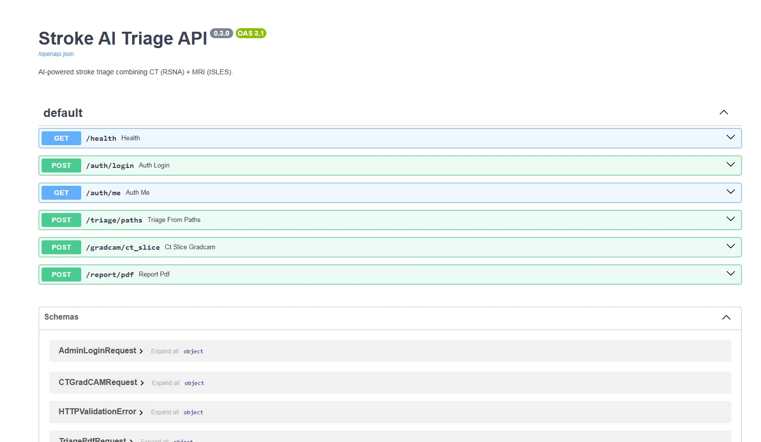 The FastAPI Swagger page titled Stroke AI Triage API, listing the endpoints health, auth login, auth me, triage paths, gradcam ct slice and report pdf.