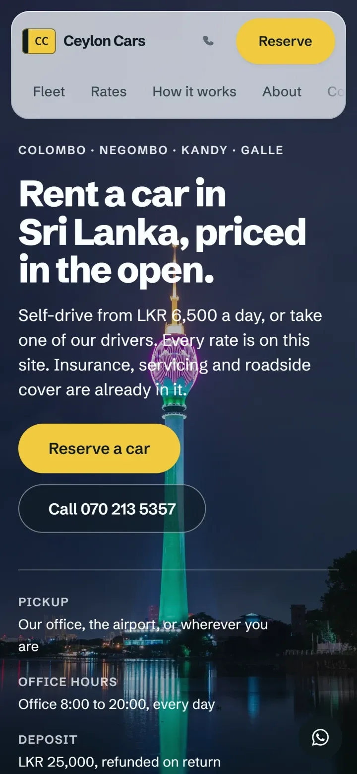 The Ceylon Cars website on a phone