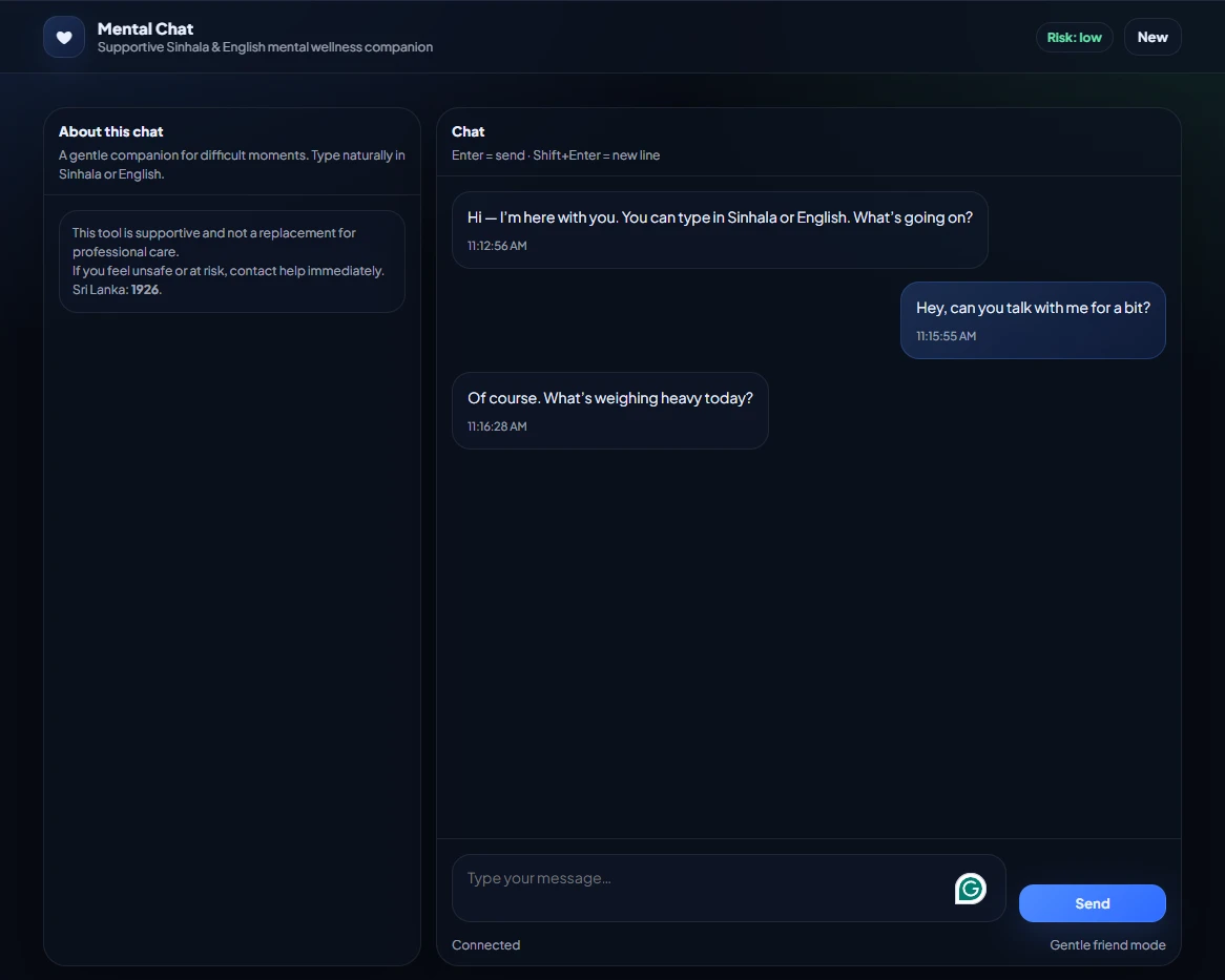The Mental Chat interface in English. The user asks: Hey, can you talk with me for a bit? The assistant replies: Of course. What is weighing heavy today? The risk indicator reads low.