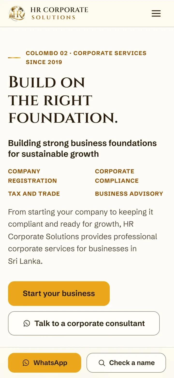 The HR Corporate Solutions website on a phone