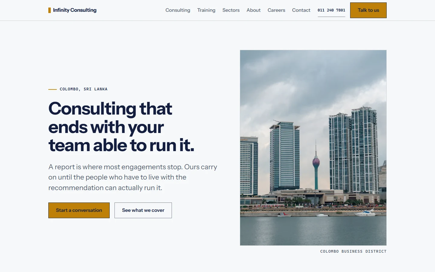 The rebuilt Infinity Consulting homepage: a headline about consulting that ends with your team able to run it, and a photograph of Colombo's business district.