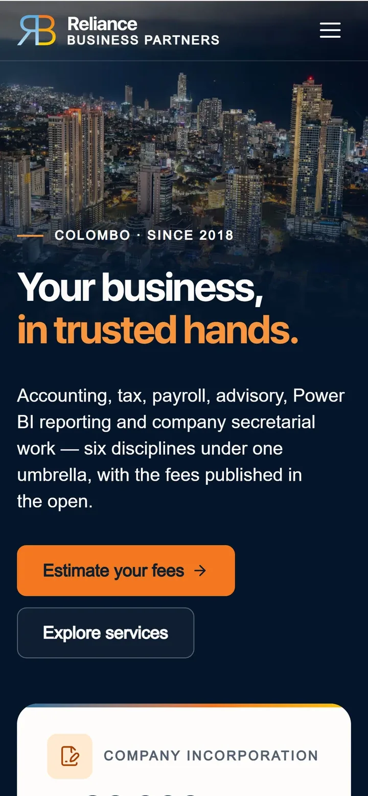 The Reliance Business Partners website on a phone